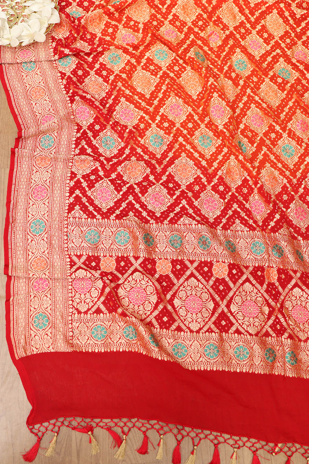 Orange & Red Banarasi Bandhani Pure Georgette Meenakari Dupatta - Luxurion World