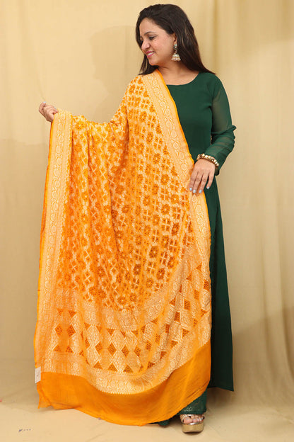 Exquisite Yellow Banarasi Bandhani Pure Georgette Dupatta - Luxurion World