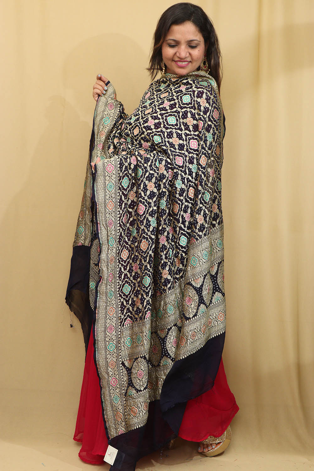 Exquisite Dark Blue Banarasi Bandhani Pure Georgette Meenakari Dupatta - Luxurion World
