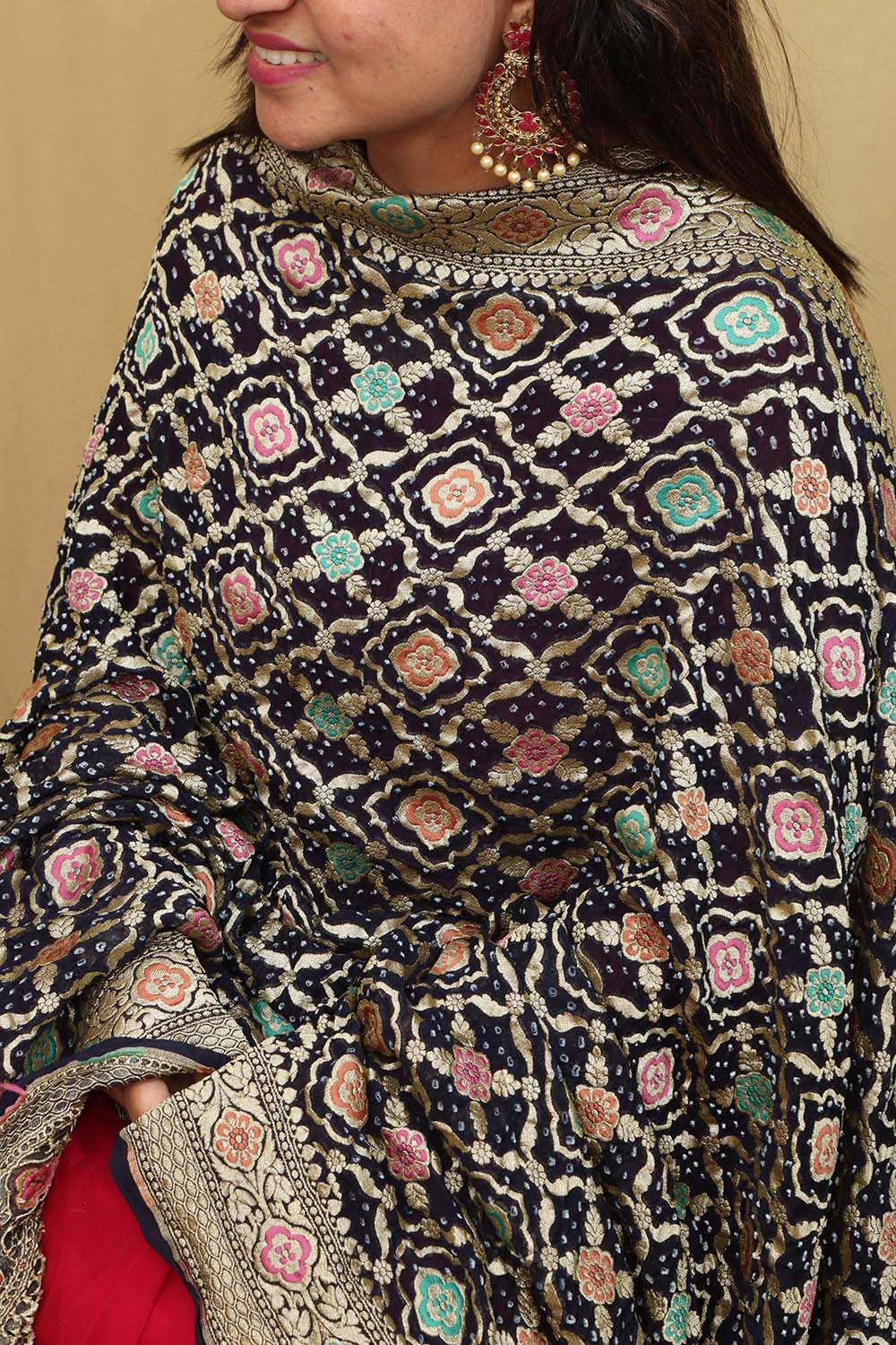 Exquisite Dark Blue Banarasi Bandhani Pure Georgette Meenakari Dupatta - Luxurion World