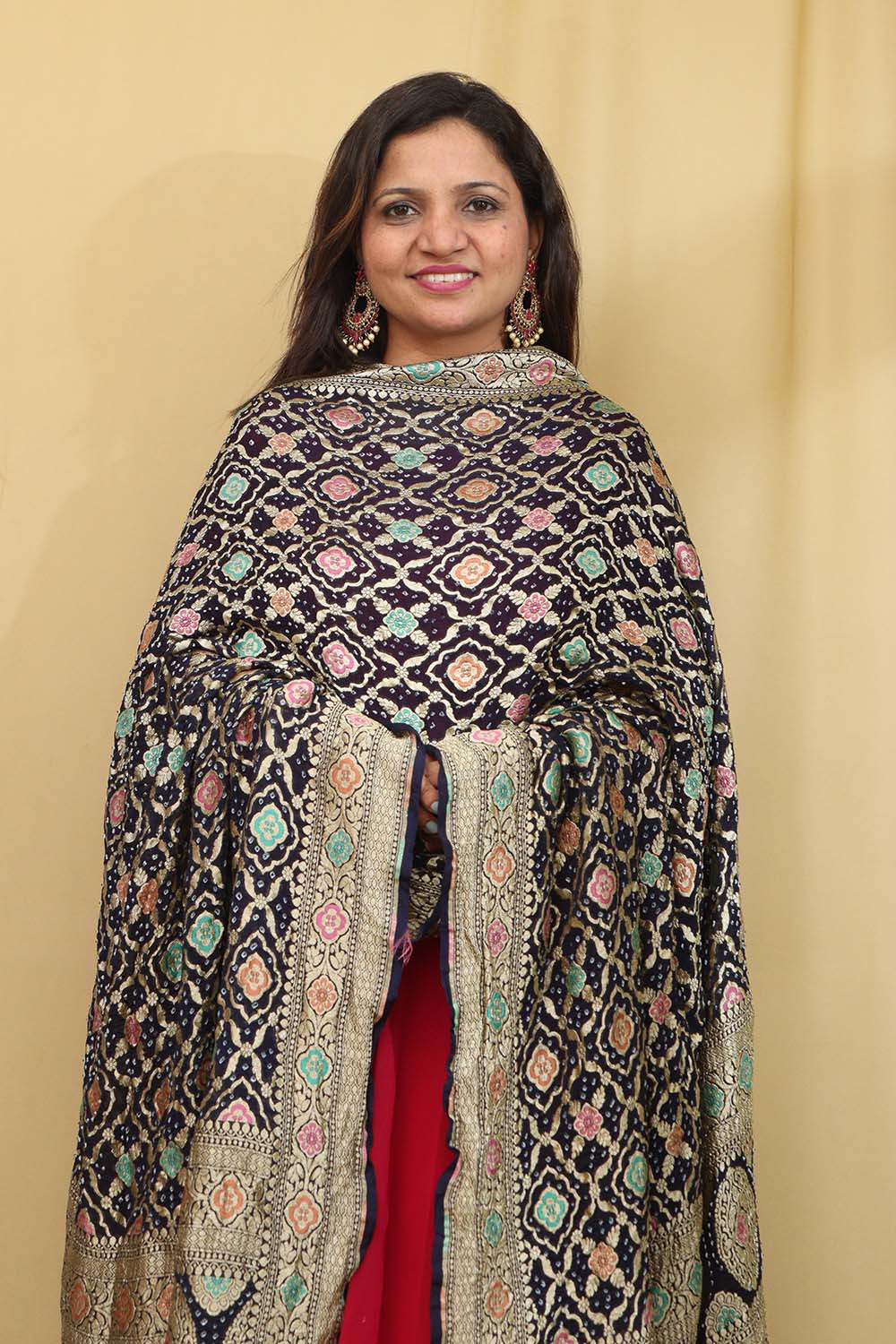 Exquisite Dark Blue Banarasi Bandhani Pure Georgette Meenakari Dupatta - Luxurion World