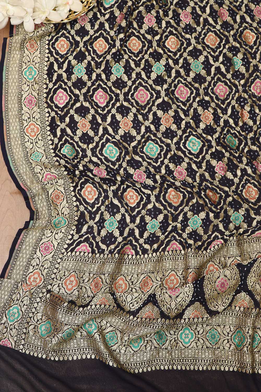 Exquisite Dark Blue Banarasi Bandhani Pure Georgette Meenakari Dupatta - Luxurion World