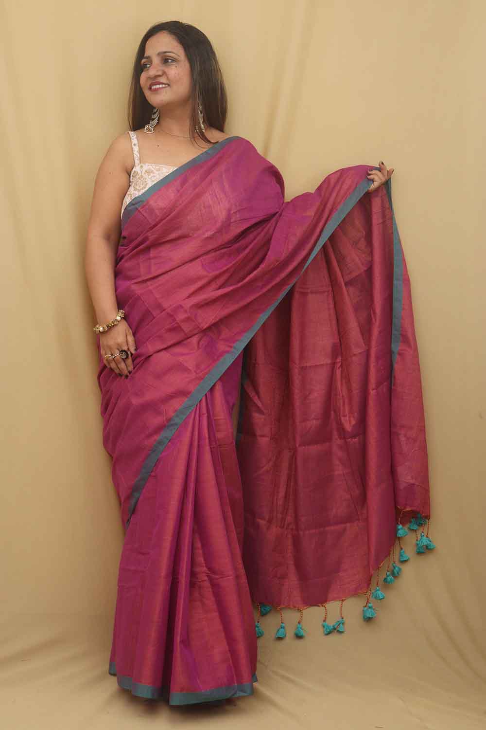 1 Min Ready To Wear - Pink Bengal Plain Tissue Cotton Saree - Luxurion World