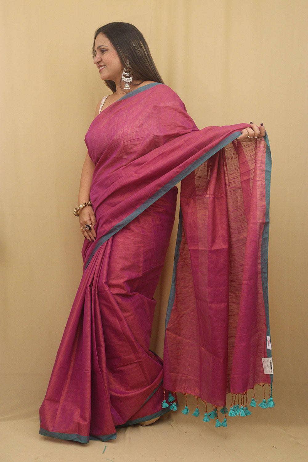 1 Min Ready To Wear - Pink Bengal Plain Tissue Cotton Saree - Luxurion World