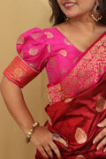 Pink Banarasi Silk U Neck Padded Balloon Sleeve Blouse - Luxurion World