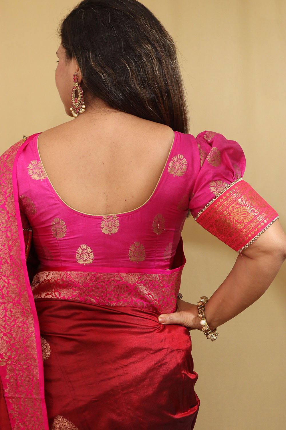 Pink Banarasi Silk U Neck Padded Balloon Sleeve Blouse - Luxurion World