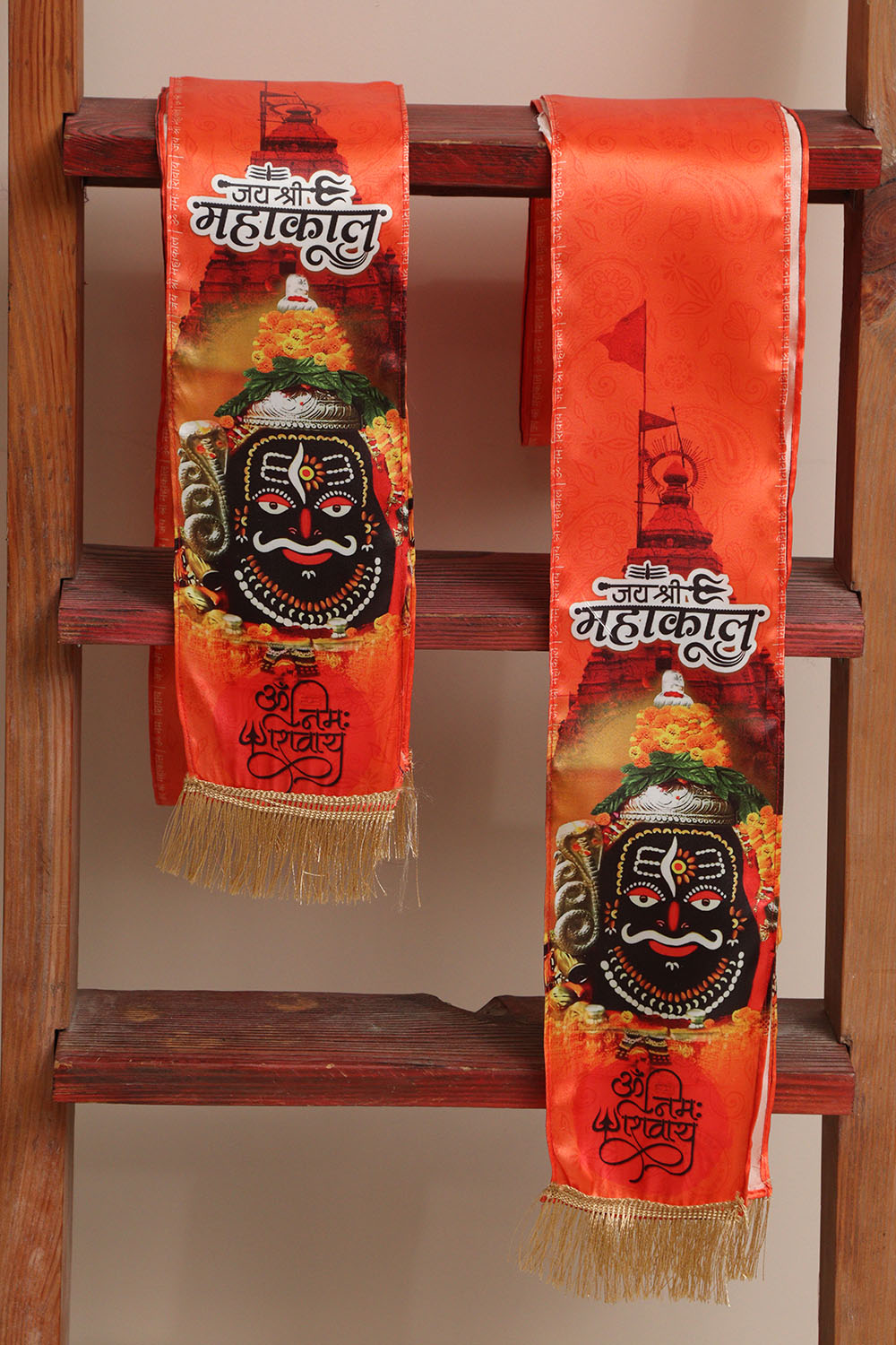 LUXURION WORLD Divine Stole/ Patka/ khesh/ Shawl/ Dupatta – Jay Shree Mahakal Stoles || Satin Silk Cloth Print Unisex God Printed Scarf for Spiritual Wear ( With Handcrafted Lace ) - Luxurion World