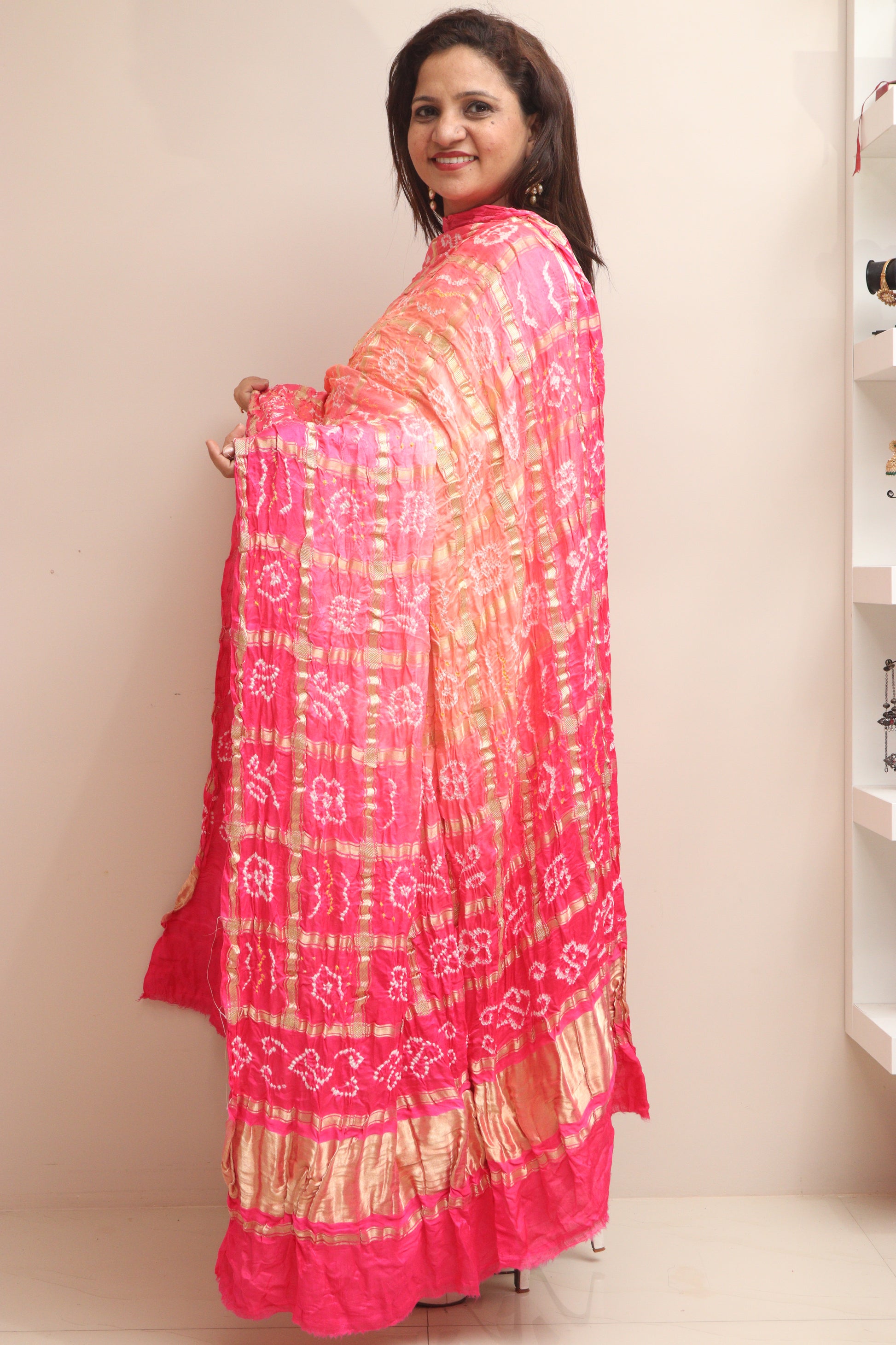 Stunning Pink Bandhani Gajji Silk Dupatta - Luxurion World