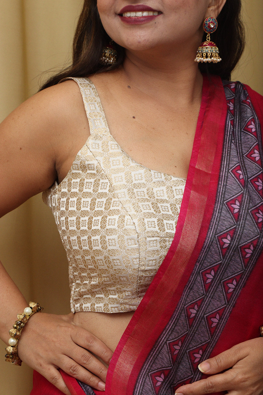 Off White Banarasi Silk Singlet Corset Padded Blouse - Luxurion World