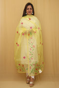 Red Cotton Silk Suit With Yellow Hand Painted Organza Silk Scalloped Border Dupatta - Luxurion World