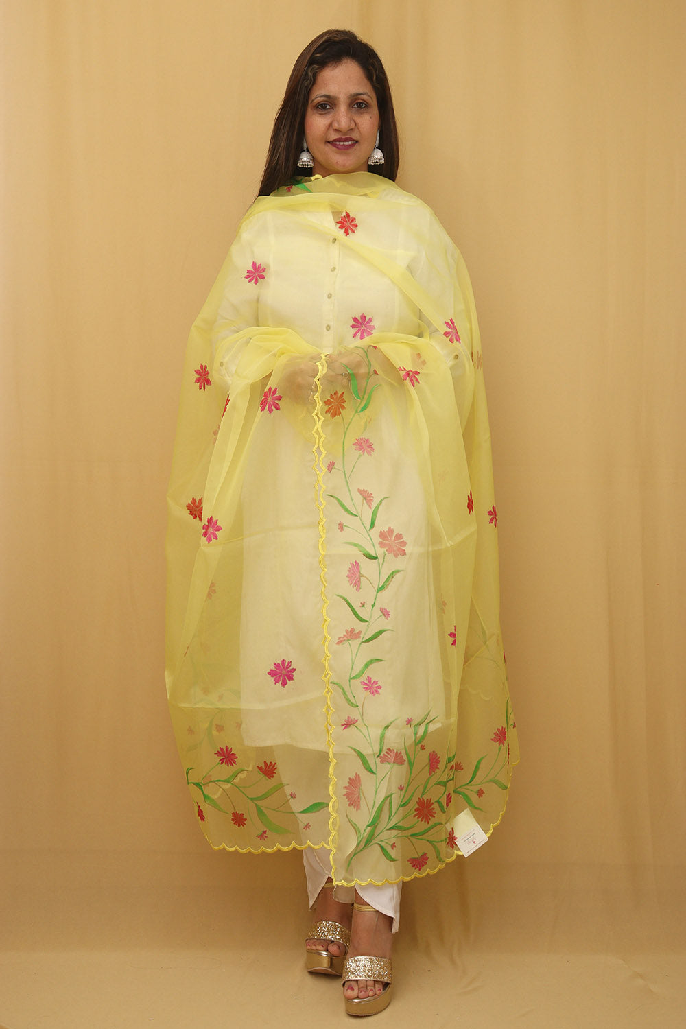 Red Cotton Silk Suit With Yellow Hand Painted Organza Silk Scalloped Border Dupatta - Luxurion World