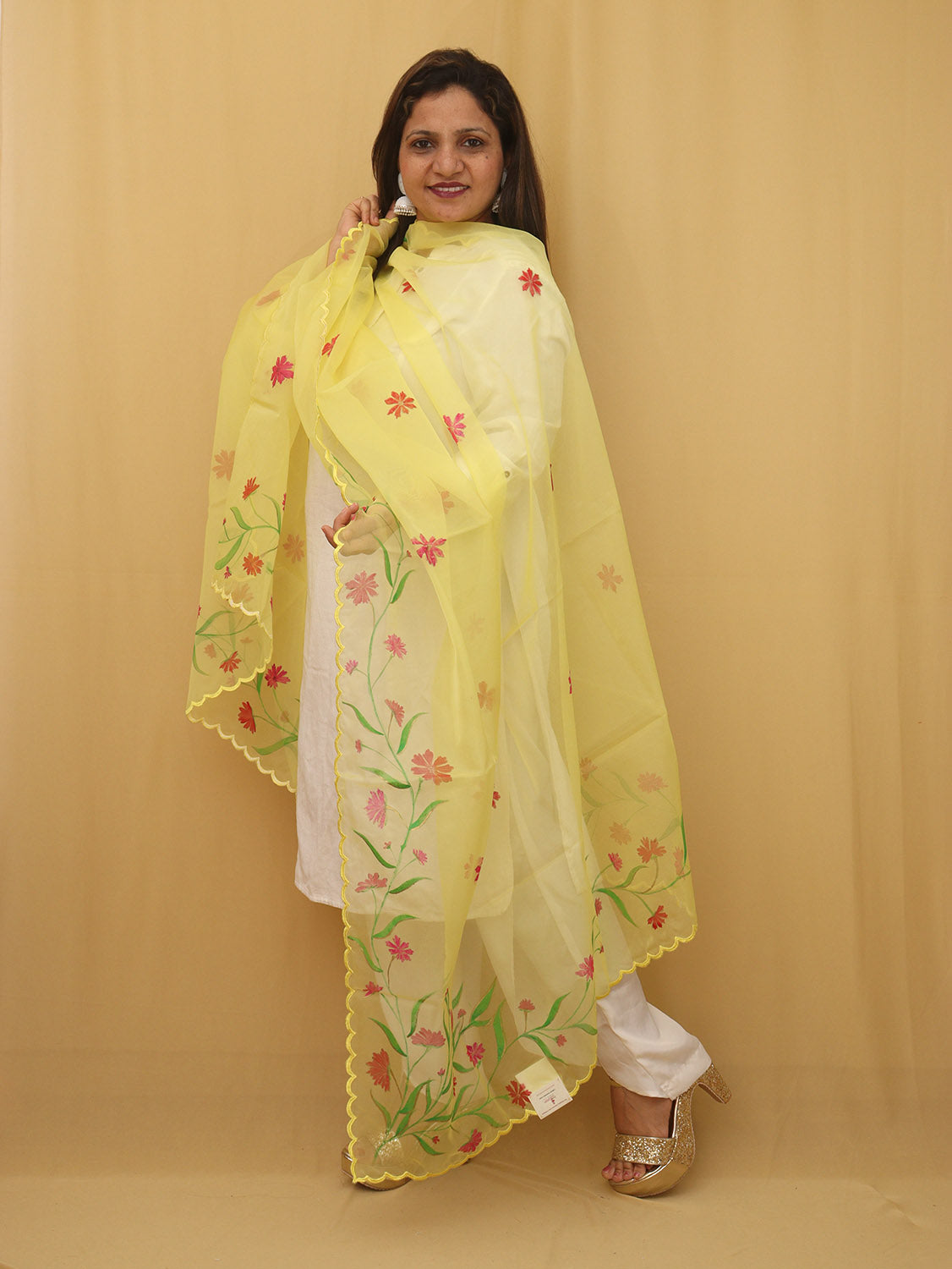 Red Cotton Silk Suit With Yellow Hand Painted Organza Silk Scalloped Border Dupatta - Luxurion World