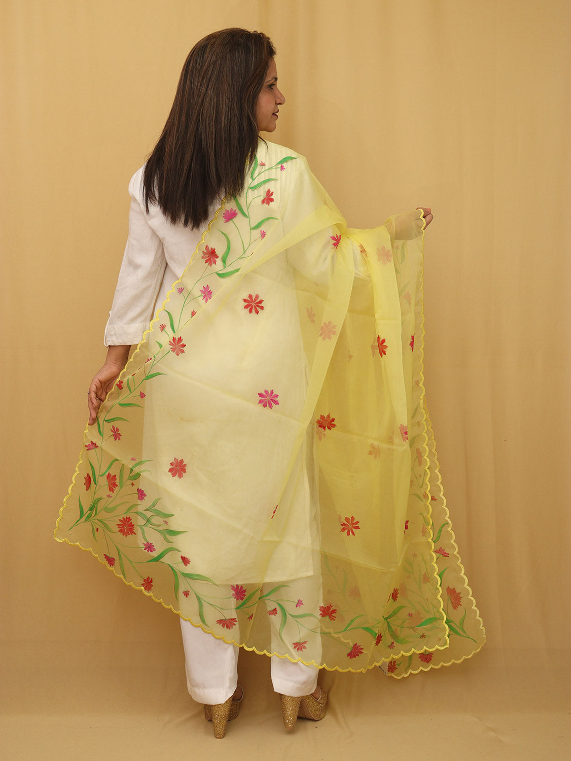 Red Cotton Silk Suit With Yellow Hand Painted Organza Silk Scalloped Border Dupatta - Luxurion World