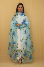 White Cotton Silk Suit With Blue Hand Painted Organza Silk Scalloped Border Dupatta - Luxurion World