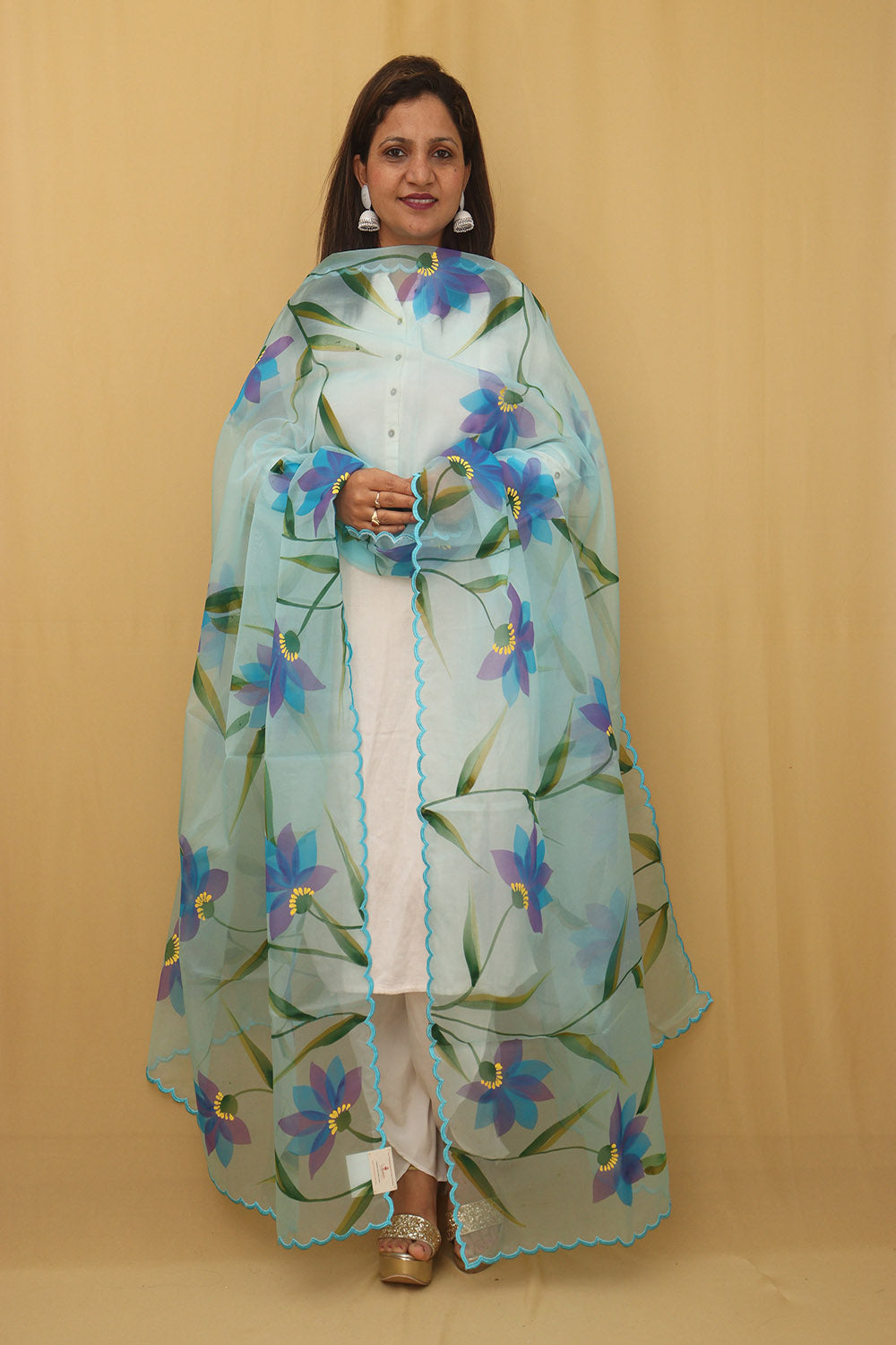 White Cotton Silk Suit With Blue Hand Painted Organza Silk Scalloped Border Dupatta - Luxurion World