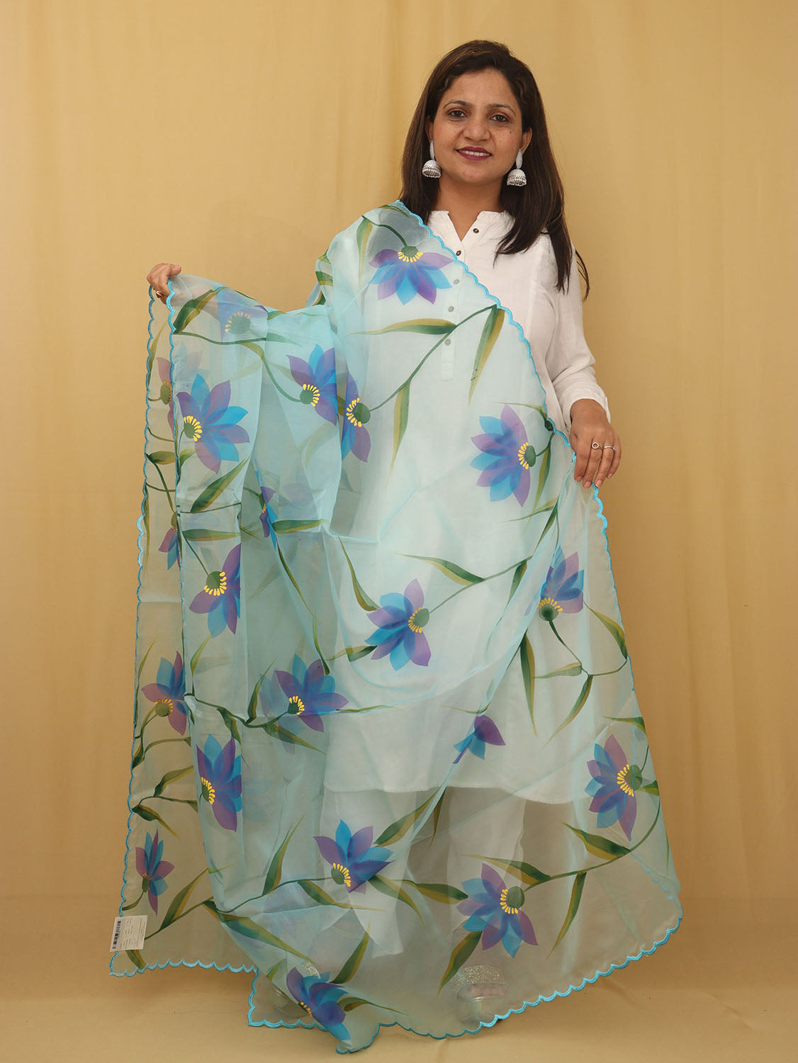 White Cotton Silk Suit With Blue Hand Painted Organza Silk Scalloped Border Dupatta