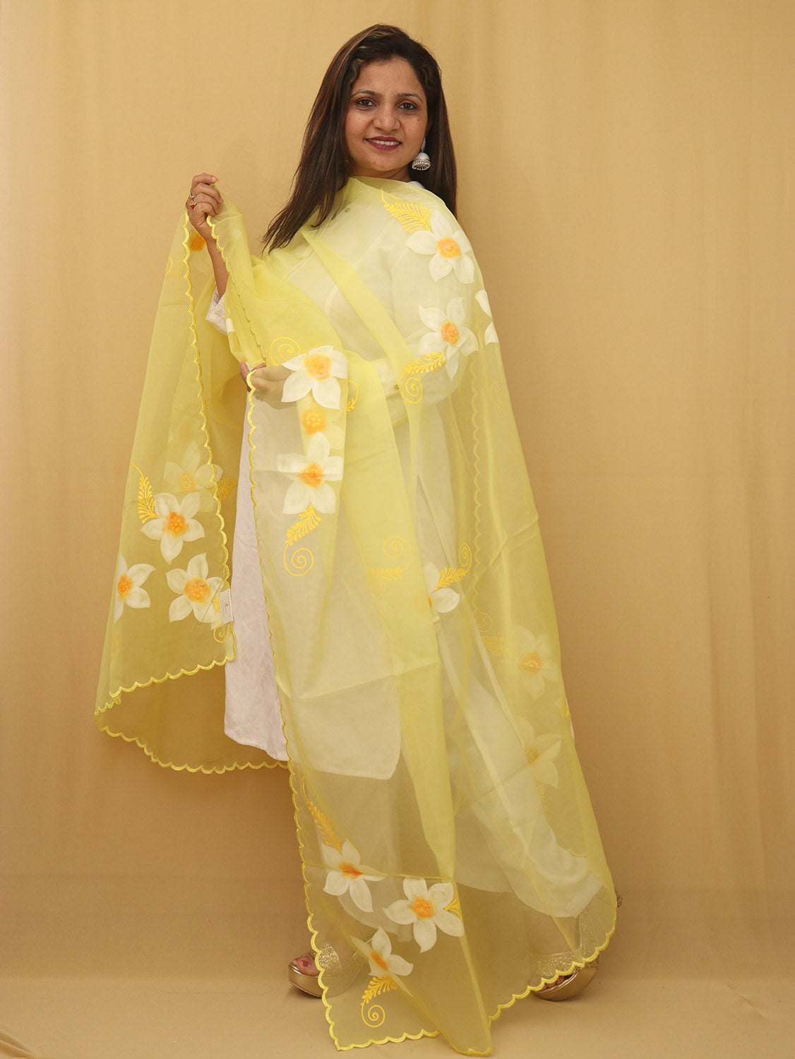 White Cotton Silk Suit With Yellow Hand Painted Organza Silk Scalloped Border Dupatta