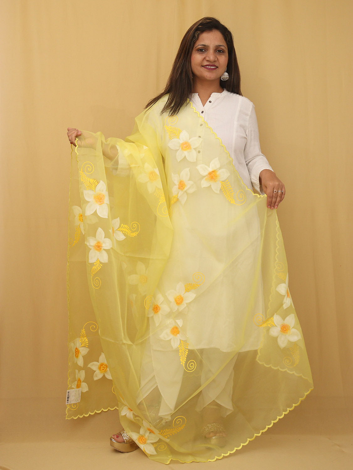 White Cotton Silk Suit With Yellow Hand Painted Organza Silk Scalloped Border Dupatta