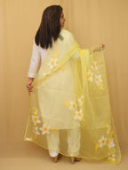 White Cotton Silk Suit With Yellow Hand Painted Organza Silk Scalloped Border Dupatta - Luxurion World