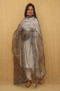 Grey Digital Printed Organza Silk Dupatta With Scalloped Border - Luxurion World