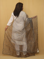 Grey Digital Printed Organza Silk Dupatta With Scalloped Border - Luxurion World