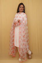 Off White Digital Printed Organza Silk Dupatta With Scalloped Border - Luxurion World