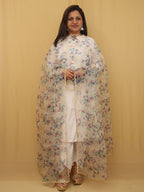 Off White Digital Printed Organza Silk Dupatta With Scalloped Border - Luxurion World