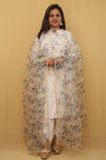 Off White Digital Printed Organza Silk Dupatta With Scalloped Border - Luxurion World