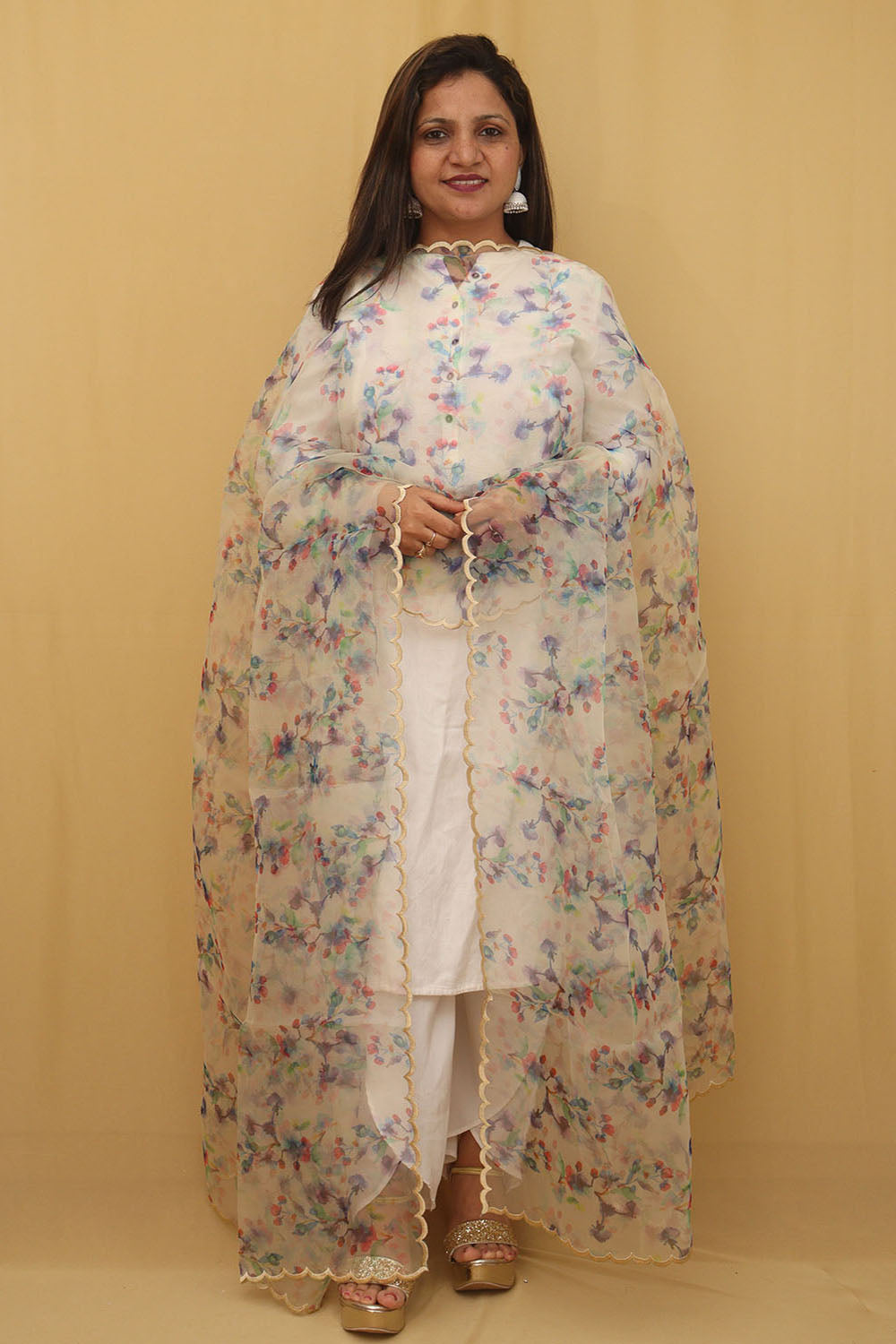 Off White Digital Printed Organza Silk Dupatta With Scalloped Border - Luxurion World