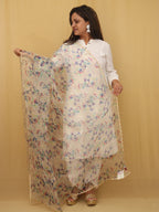 Off White Digital Printed Organza Silk Dupatta With Scalloped Border - Luxurion World