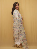 Off White Digital Printed Organza Silk Dupatta With Scalloped Border - Luxurion World