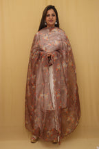 Brown Digital Printed Organza Silk Dupatta With Scalloped Border - Luxurion World