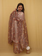 Brown Digital Printed Organza Silk Dupatta With Scalloped Border - Luxurion World