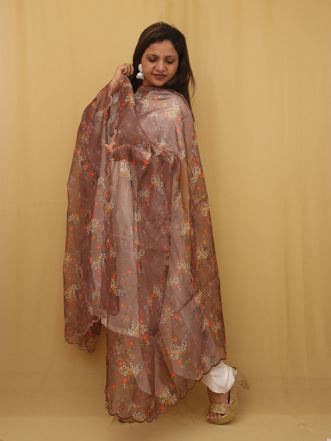 Brown Digital Printed Organza Silk Dupatta With Scalloped Border - Luxurion World