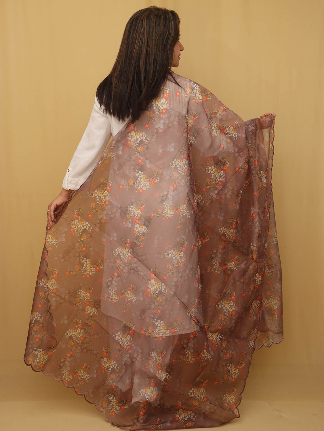 Brown Digital Printed Organza Silk Dupatta With Scalloped Border - Luxurion World