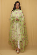 Green Digital Printed Organza Silk Dupatta With Scalloped Border - Luxurion World