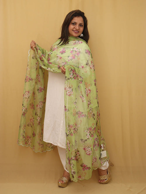 Green Digital Printed Organza Silk Dupatta With Scalloped Border - Luxurion World