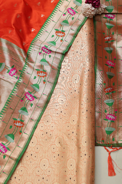 Peach Banarasi Brocade Suit With Orange Paithani Silk Flower Design Dupatta