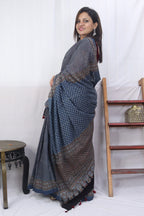Blue Block Printed Ajrakh Work Cotton Saree - Luxurion World