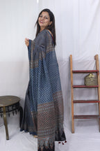 Blue Block Printed Ajrakh Work Cotton Saree - Luxurion World