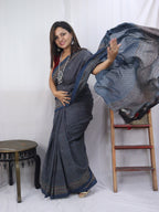 Blue Block Printed Ajrakh Work Cotton Saree - Luxurion World