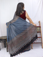 Blue Block Printed Ajrakh Work Cotton Saree - Luxurion World