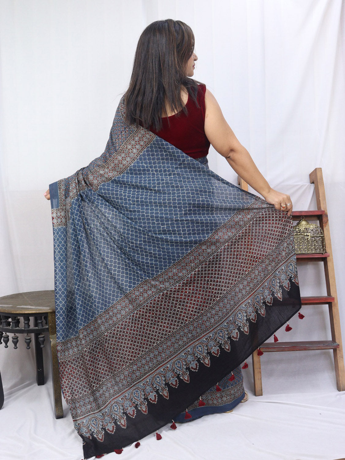 Blue Block Printed Ajrakh Work Cotton Saree - Luxurion World