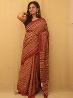 Multicolor Block Printed Ajrakh Work Cotton Saree - Luxurion World