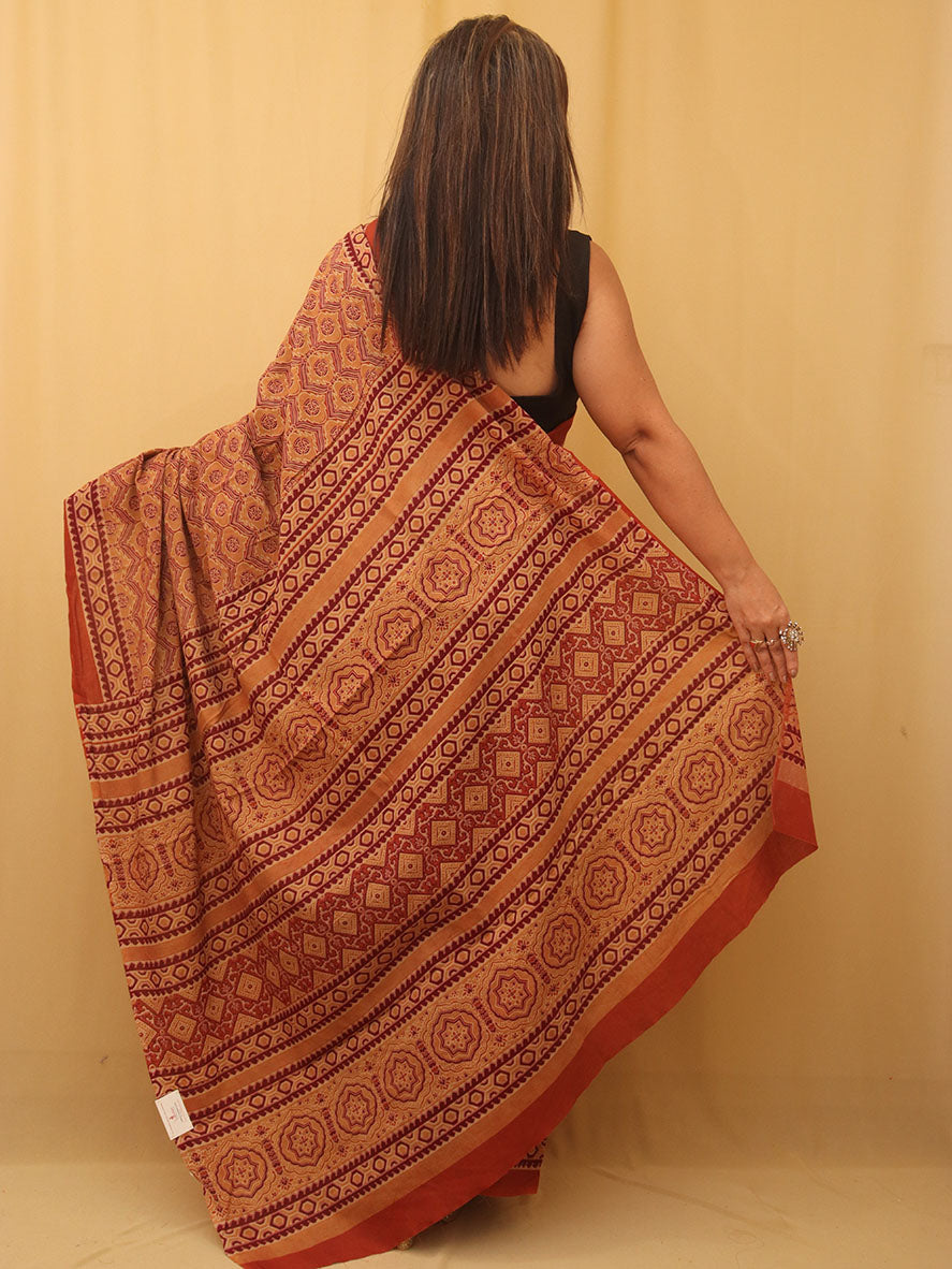 Multicolor Block Printed Ajrakh Work Cotton Saree - Luxurion World