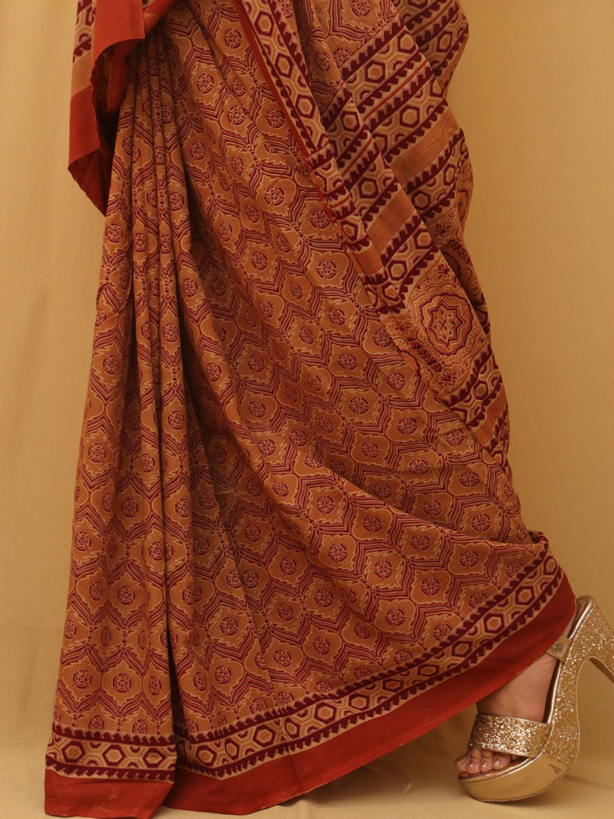 Multicolor Block Printed Ajrakh Work Cotton Saree - Luxurion World