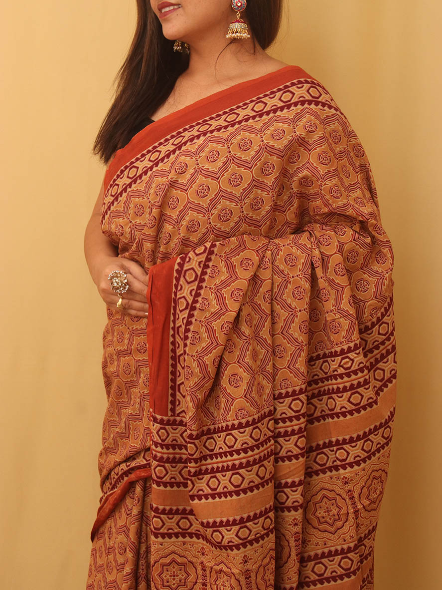 Multicolor Block Printed Ajrakh Work Cotton Saree - Luxurion World