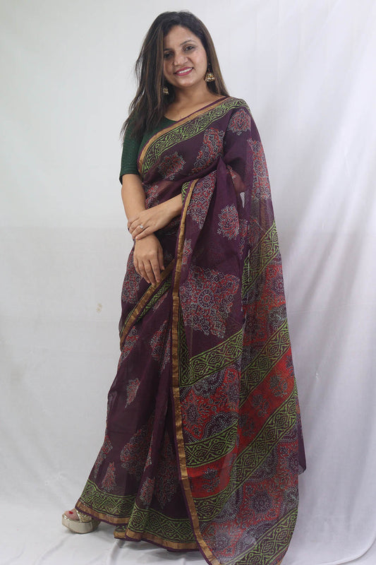 Stunning Multicolor Ajrakh Hand Block Printed Chanderi Silk Saree