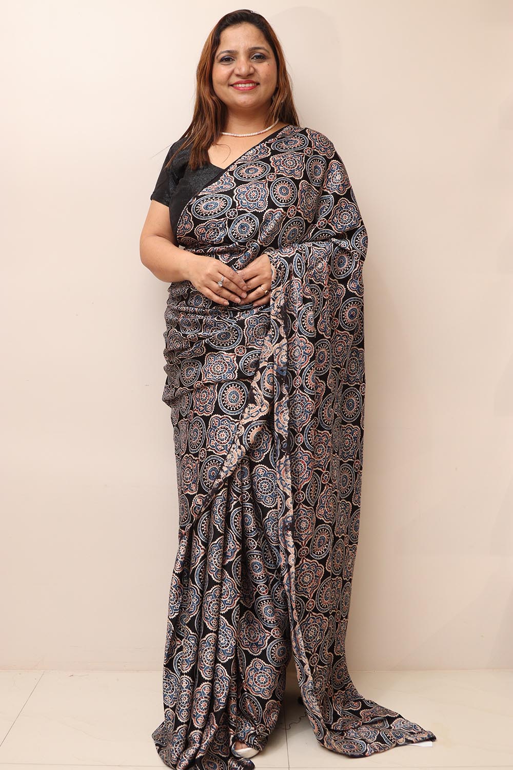 Black Block Printed Ajrakh Modal Silk Saree - Luxurion World