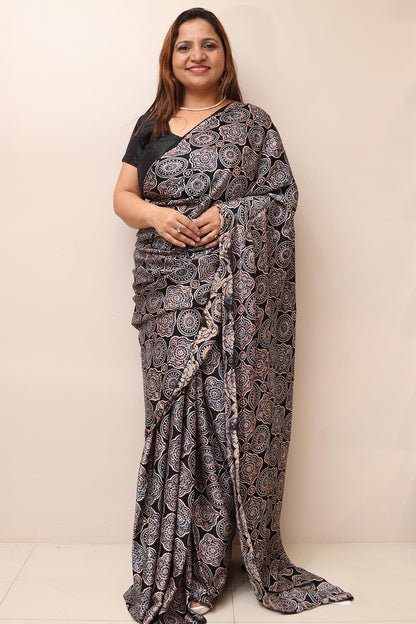Black Block Printed Ajrakh Modal Silk Saree - Luxurion World